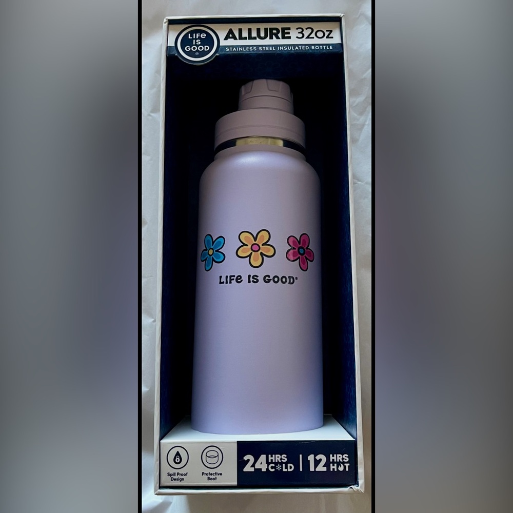 Allure LIFE IS GOOD 32oz Stainless Steel Insulated Water Bottle PURPLE/ Flowers